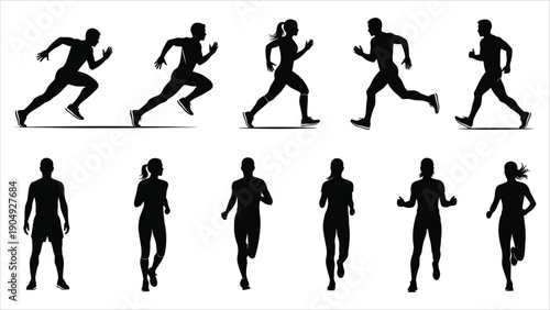 Set of silhouettes of running men and women
