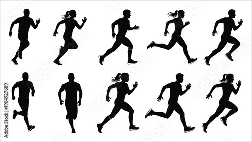 Set of silhouettes of running men and women