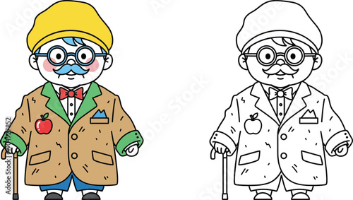 Charming Cartoon Professor with Apple and Cane Education and Wisdom Concept