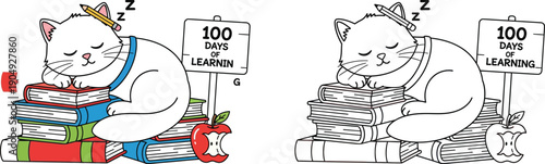 Cute Sleeping Cat on Books Celebrating 100 Days of Learning Educational Fatigue