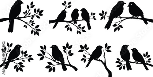 Black Silhouette Illustration of Birds Perched on Tree Branches with Leaves Depicting Nature, Wildlife, and Decorative Artistic Design