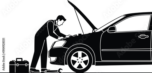 Black Silhouette Illustration of Person Repairing Car with Open Hood, Toolbox, Wrench, and Creeper Depicting Automotive Maintenance Scene