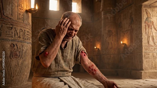 Elderly Egyptian man in pain kneeling inside a stone temple with hieroglyphics showing red skin boils representing the sixth biblical plague of Egypt during the exodus story from the bible