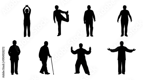 Senior Citizens Light Exercise Silhouettes Vector Set – Elderly Fitness Activities
