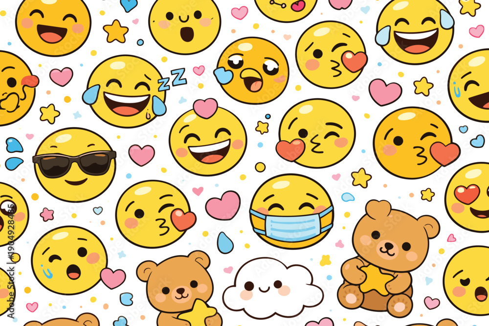 Fototapeta premium Cute Kawaii Emoji Pattern - Happy Faces, Sunglasses, Mask, Bears