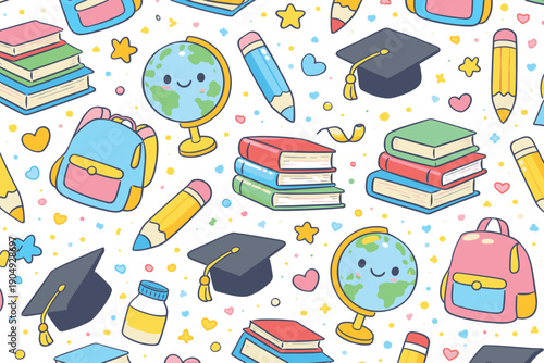 Cute School Pattern - Books, Globes, Graduation Caps, Pencils, Backpacks