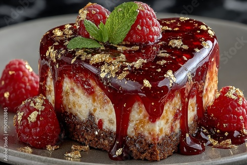 Gourmet red glazed mousse cake with fresh raspberries