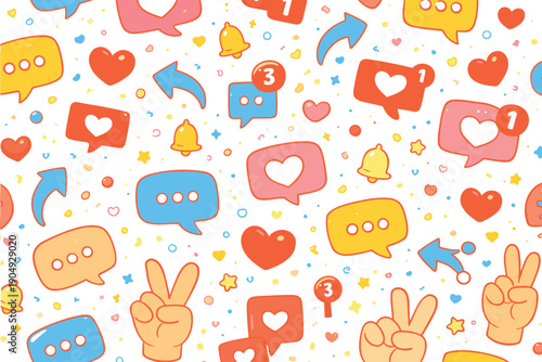 Cute Social Media Icons Pattern - Hearts, Likes, Messages, Bells