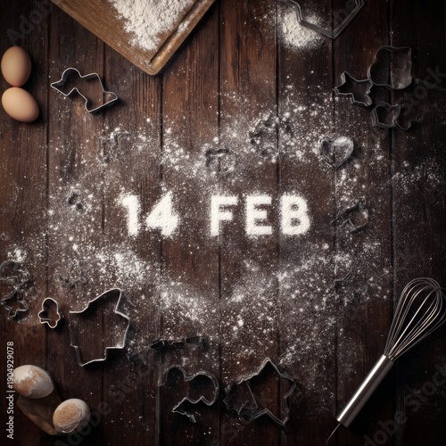 Valentine cooking preparation with flour lettering on wood