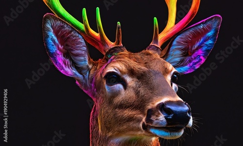 Colorful deer with vibrant antlers showcased against a dark backdrop celebrating nature's beauty in artistic expression