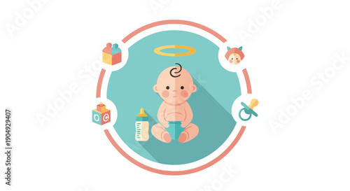 Adorable Baby with Halo Surrounded by Baby Items Illustration.