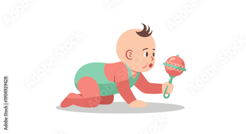 Baby Crawling with Rattle Toy Exploring and Developing Motor Skills.