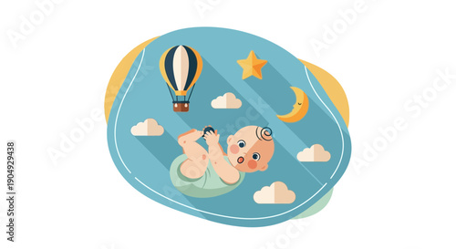 Baby in Diaper Floating Among Clouds and Hot Air Balloon.