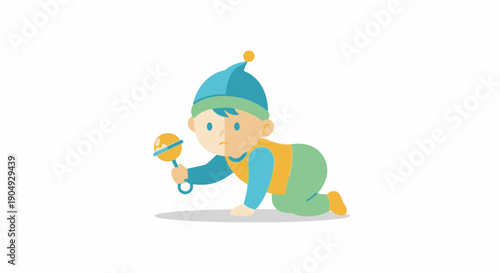 Baby Crawling with Rattle Toy Illustration.