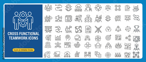 Cross Functional Teamwork Line Icons for Collaboration and Business Alignment