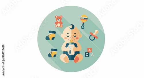 Baby Shower Flat Design Icon Cute Baby with Bottle and Accessories.
