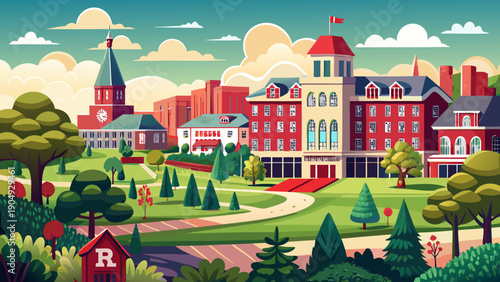 Very beautiful view of Rutgers University campus with Bishop House visible in the distance, presenting a calm academic environment and traditional American university architecture.