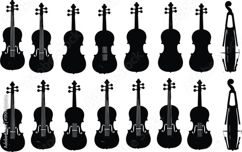 Vector, black, silhouette, illustration, set, of, various, violins, and, cellos, for, classical, music, orchestra, concert, performance, musical, instrument, and, symphony, design