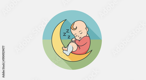 Baby Sleeping Peacefully on a Crescent Moon Illustration.