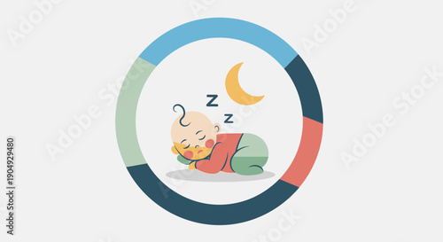 Baby Sleeping Peacefully Under Crescent Moon in Colorful Circle.