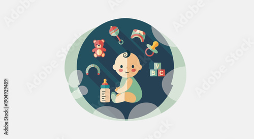 Baby Surrounded by Toys and Bottle in a Circular Design.