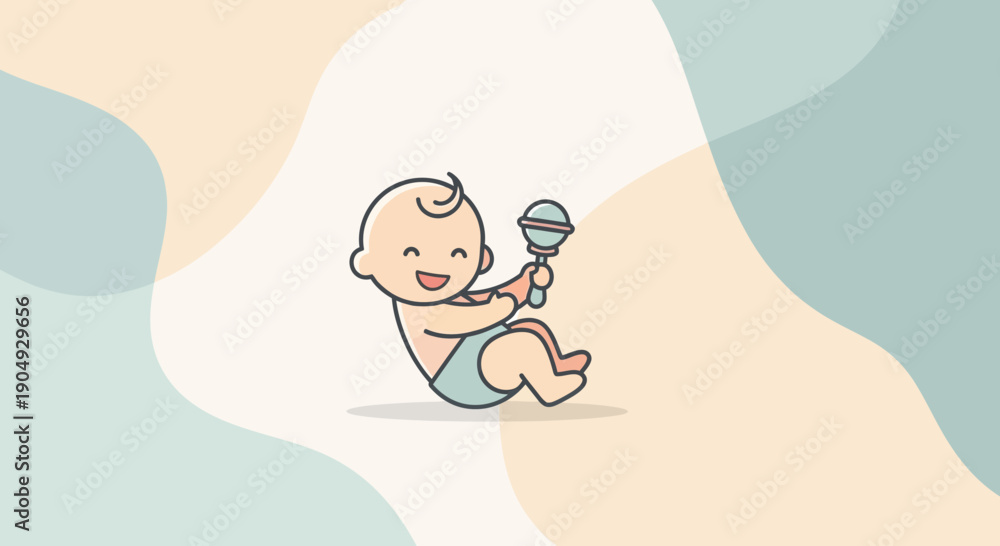 Obraz premium Happy Baby Playing with Rattle Illustration.