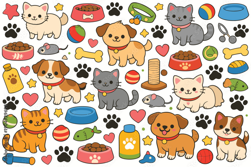 Fototapeta premium Cute Pets Pattern with Cats and Dogs