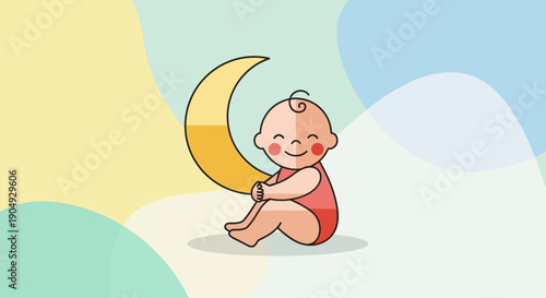 Cute Baby Sitting with Crescent Moon Illustration for Children.
