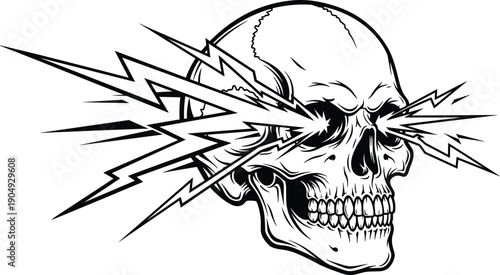 Vintage black and white skull vector illustration with electric lightning bolts shooting from eye sockets, edgy rock metal graphic for t-shirt design posters (24 words)