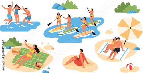 Beach activities illustration featuring people paddleboarding, swimming, picnicking, relaxing under umbrellas, and enjoying seaside recreation with sand, water, rocks, seashells, and greenery.