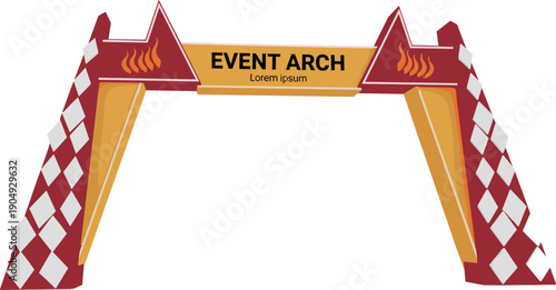 Bold event arch illustration with red and orange design, diamond patterned pillars, flame graphics, promotional entrance structure for festivals, races, and public gatherings.