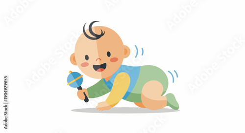 Happy Baby Crawling with Rattle Toy Illustration.