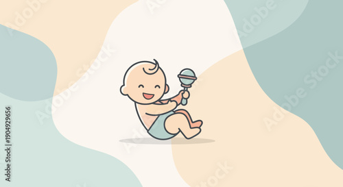 Happy Baby Playing with Rattle Illustration.