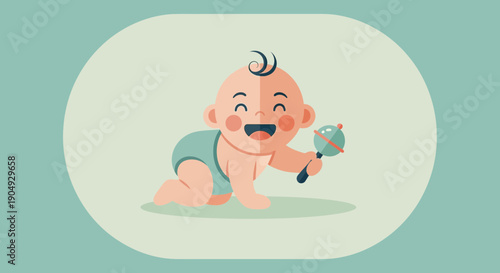 Happy Baby Playing with Rattle Illustration on Light Green.