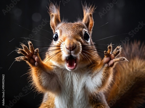 Squirrel displays playful behavior with paws raised indoors in a lighted setting