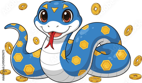 Cartoon blue snake with coin patterns and golden currency tokens, playful mascot illustration for digital finance, cryptocurrency, gaming, or branding projects.