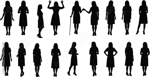 Vector, black, silhouette, illustration, set, of, various, professional, women, in, dresses, standing, and, posing, for, corporate, fashion, lifestyle, community, and, character, design