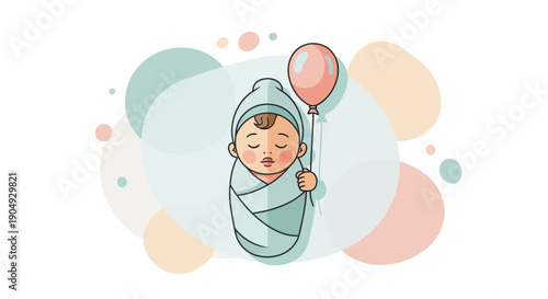 Illustration of a Swaddled Baby Holding a Balloon with Closed Eyes.