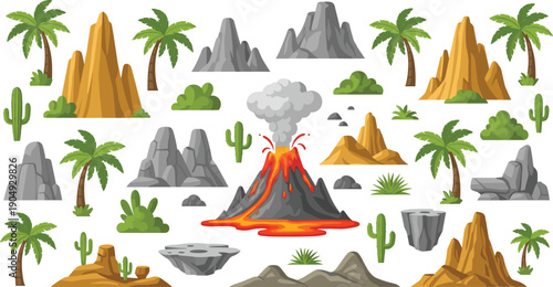 Colorful erupting volcano landscape with lava flow, palm trees, cacti, rocky cliffs, mesas, smoke clouds, desert vegetation, geological formations, dramatic nature scene illustration artwork.