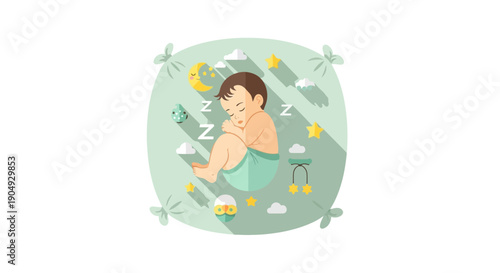 Sleeping Baby Illustration on a Pillow with Moon and Stars.