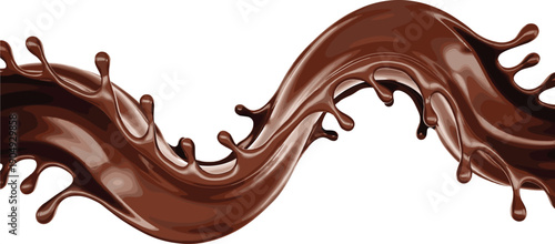 Dynamic chocolate splash illustration with glossy liquid wave, droplets, and fluid motion, realistic dessert artwork for advertising, packaging, and culinary design.