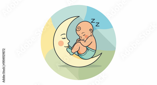 Sleeping Baby on Crescent Moon Illustration for Nursery Decor.