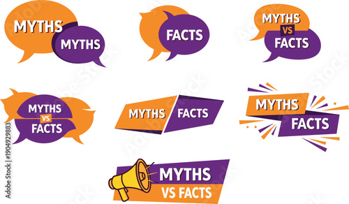 Educational “Myths vs Facts” graphic designs with orange and purple banners, speech bubbles, megaphone, contrasting layouts for awareness, truth clarification, and informational campaigns.