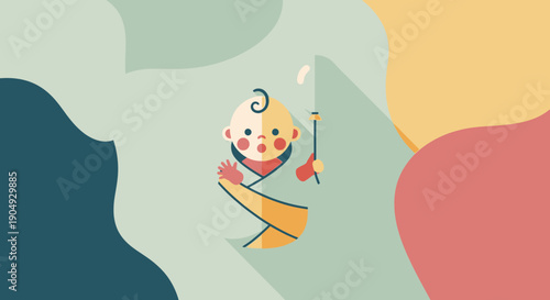 Whimsical Baby Illustration with Rattle on Abstract Background.