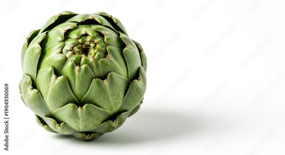 Fototapeta premium Whole fresh raw green artichoke, a classic culinary thistle vegetable used in gourmet dishes and nutritious home cooking, raw food, nutrition, fibrous