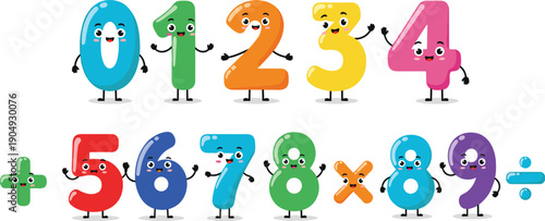 Playful cartoon numbers and math symbols with faces, arms, and legs, colorful educational illustration for children learning digits, addition, multiplication, division concepts.