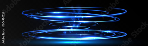 Blue glowing spiral light rings form a dynamic energy vortex with sparkling particles on a dark background, creating a futuristic sci-fi motion effect.
