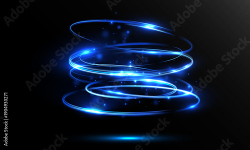 Blue glowing spiral light rings form a dynamic energy vortex with sparkling particles on a dark background, creating a futuristic sci-fi motion effect.
