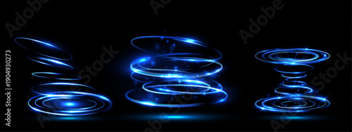 Blue glowing spiral light rings form a dynamic energy vortex with sparkling particles on a dark background, creating a futuristic sci-fi motion effect.
