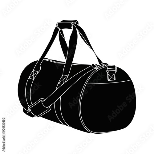 Black and white illustration of a cylindrical duffel bag with straps